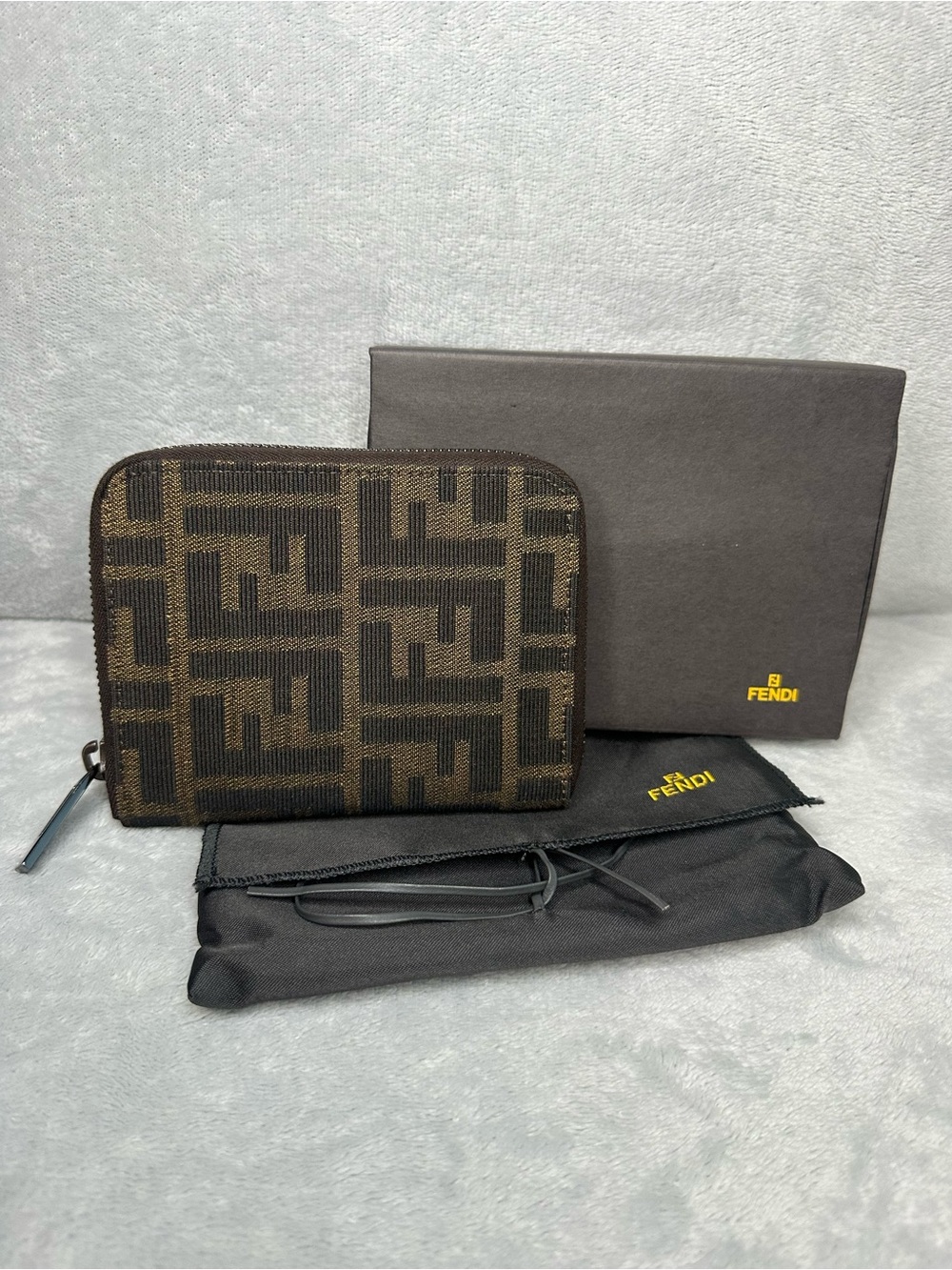 Fendi FF Zucca Zip Around Compact Wallet Brown Canvas Leather w/ Box & Dust Bag